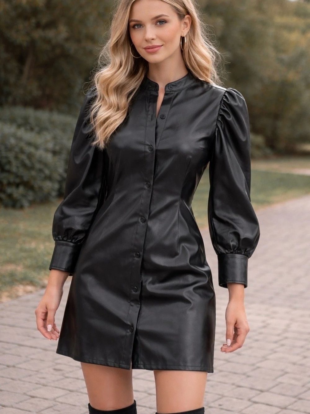 GAP Black Faux Leather Long-Sleeve Button Front Dress